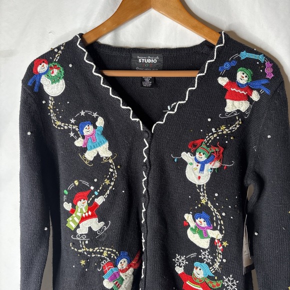 Designer Originals Studio Joy S Christmas Cardigan Sweater Snowman Beaded New - Picture 2 of 9